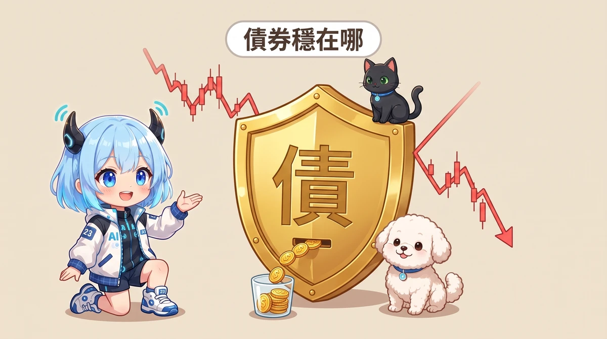 AI 嚮導小女孩跪在左側，指著中間一面刻著『債』字的金色盾牌，盾牌擋下背後崩跌的紅色股票 K 線，底部的投幣孔穩定地把金幣送進玻璃杯裡；黑貓坐在盾牌頂端、白貴賓在右下角，上方標籤寫著『債券穩在哪』。