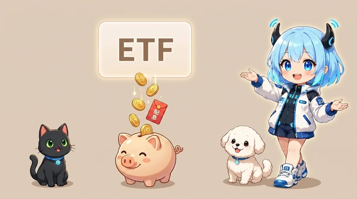 AI 嚮導小女孩與黑貓、白狗，看著標示 ETF 的箱子把金幣和寫著「配息」的紅包投進小豬撲滿，象徵 ETF 配息帶來現金流。