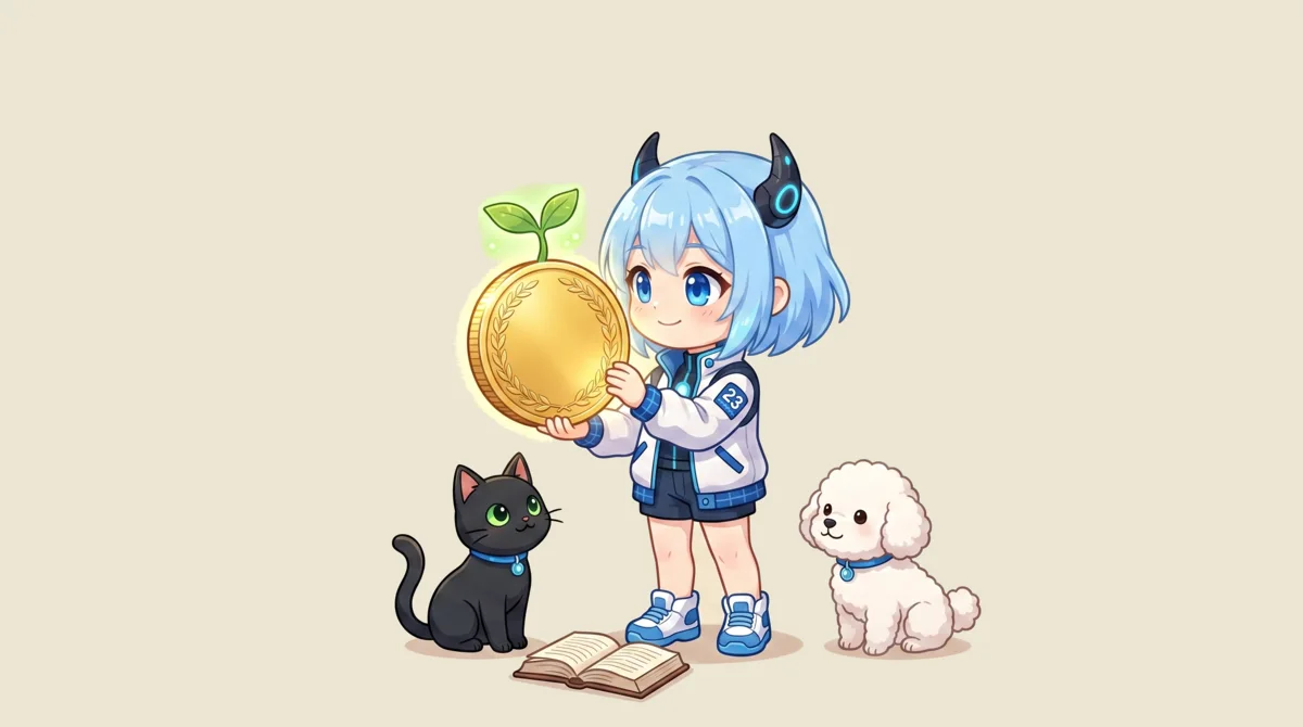 有土伯品牌角色：藍髮小女孩雙手捧著一枚發光的金幣，金幣上長出一株小綠芽，腳邊放著一本翻開的書，黑貓與白狗分坐兩旁，象徵同一筆錢會長成什麼，取決於主人的認知與眼光。